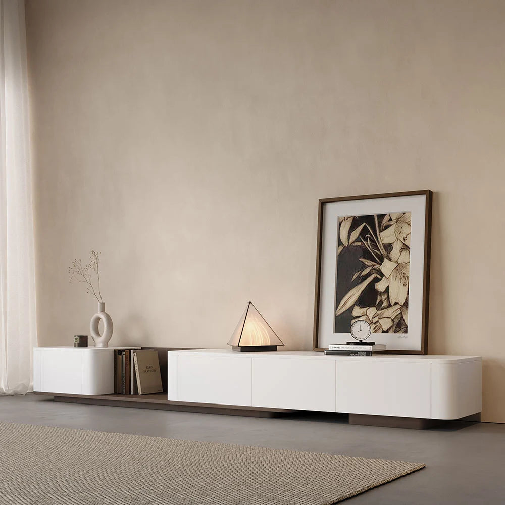 Meuble TV blanc cassé et noyer moderne 200 à 275 cm, extensible, avec 4 tiroirs