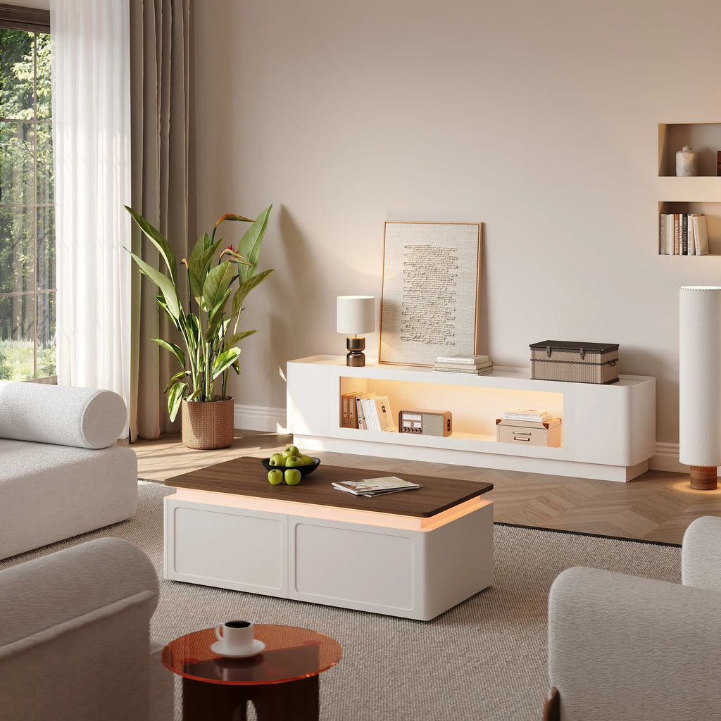 Meuble TV 201 cm avec portes en verre, blanc chaud, avec rangement et LED