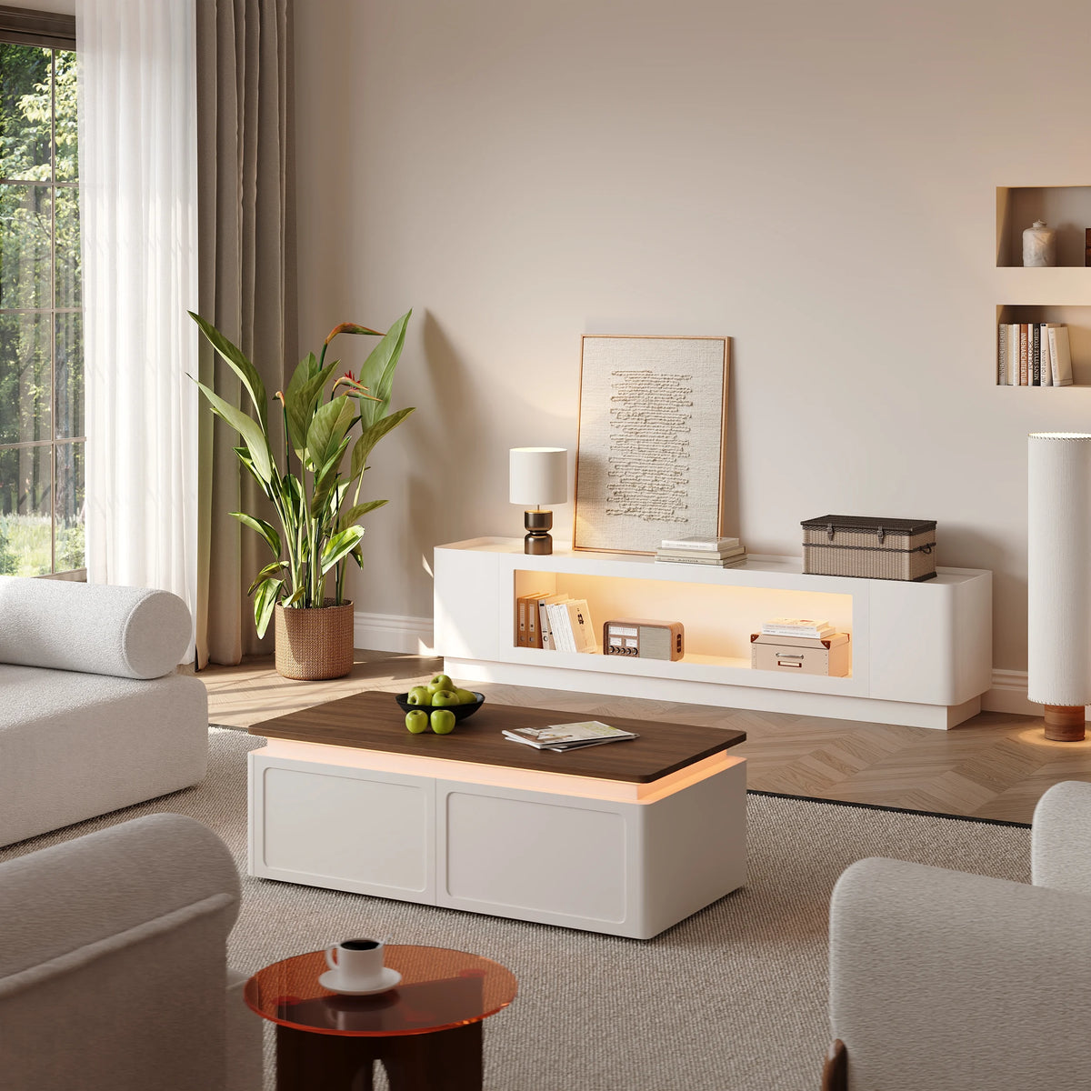 Meuble TV 201 cm avec portes en verre, blanc chaud, avec rangement et LED