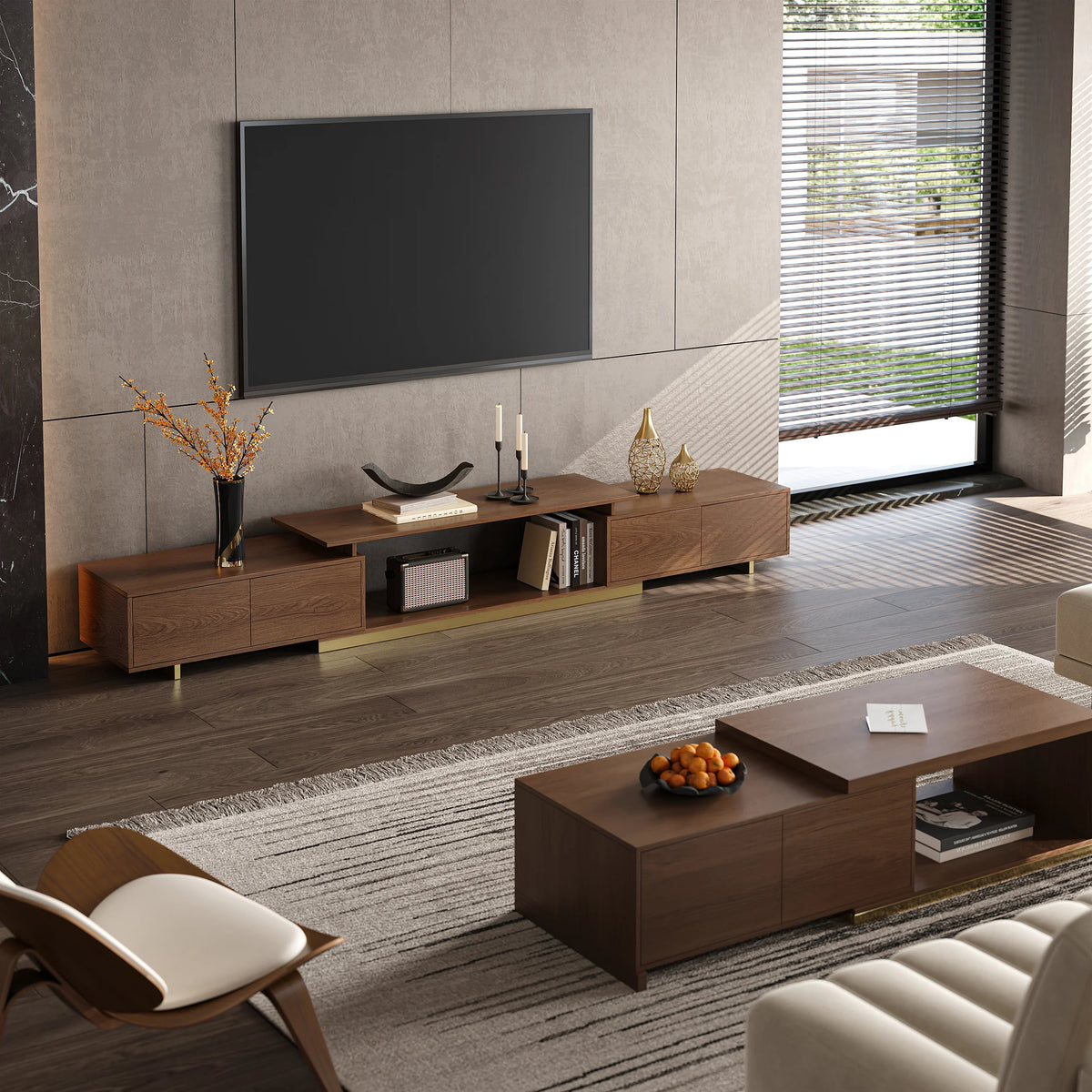 Meuble TV extensible Mordel 160 à 240 cm noyer avec rangement