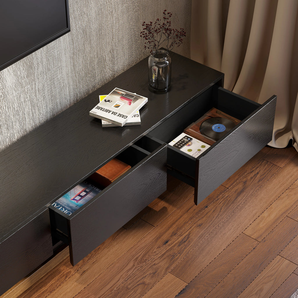 Meuble TV Crator noir 210 à 280 cm en bois de frêne, extensible, avec 3 tiroirs