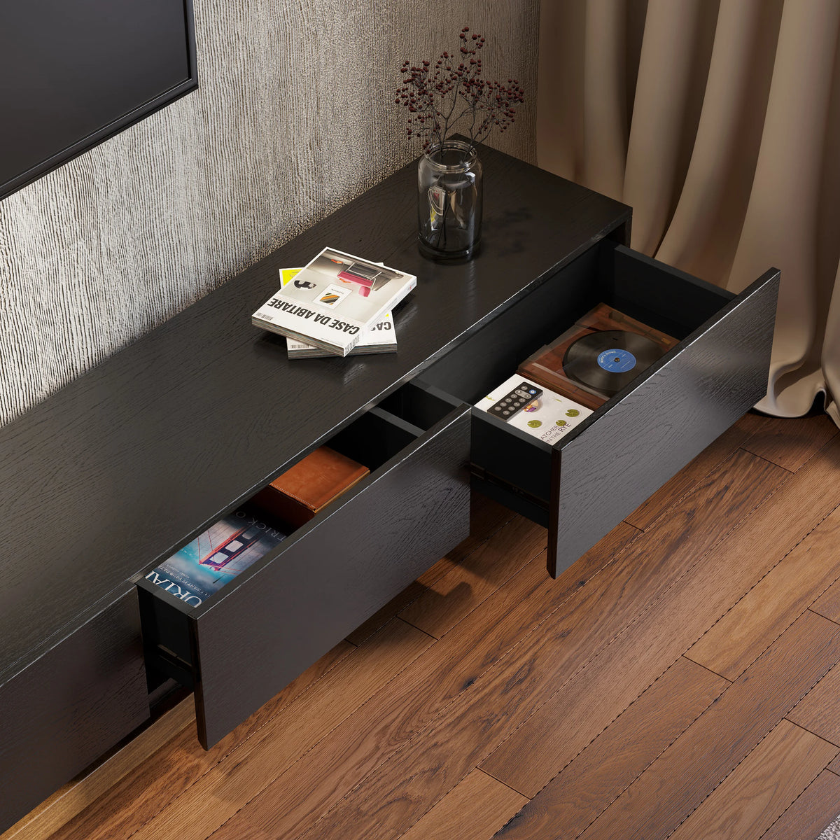 Meuble TV Crator noir 210 à 280 cm en bois de frêne, extensible, avec 3 tiroirs