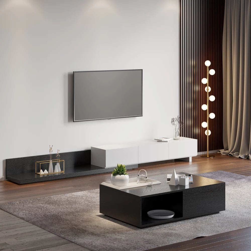 Meuble TV Crator noir et blanc de 210 à 280 cm en bois de frêne, extensible, avec 3 tiroirs