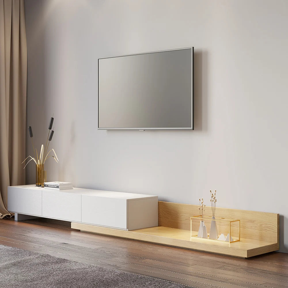 Meuble TV extensible au sol naturel avec 3 tiroirs