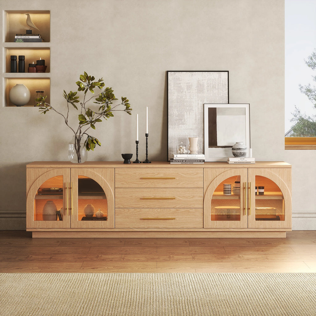 Ensemble meuble TV et table basse Arune avec portes cintrées en verre rangement et éclairage LED Bois naturel