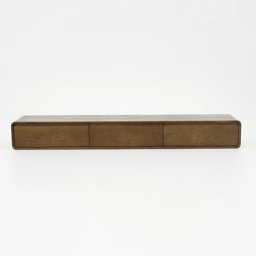 Meuble TV flottant en bois Mid Century en noyer avec 3 tiroirs pour téléviseurs jusqu'à 2159 mm
