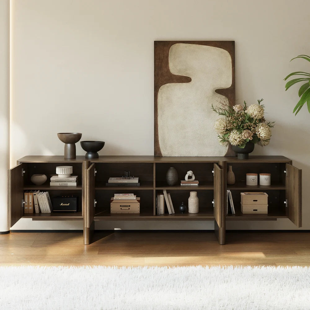 Meuble TV Lineva 203 cm en bois massif cannelé marron fumé avec armoires
