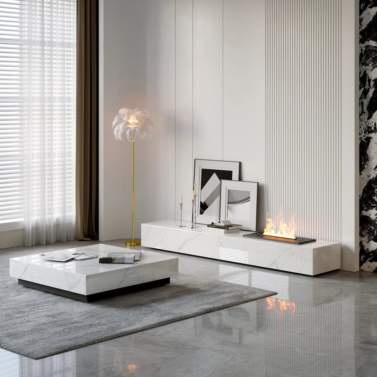 Meuble TV moderne 200 cm, effet flammes LED, humidificateur et 2 tiroirs Blanc brillant