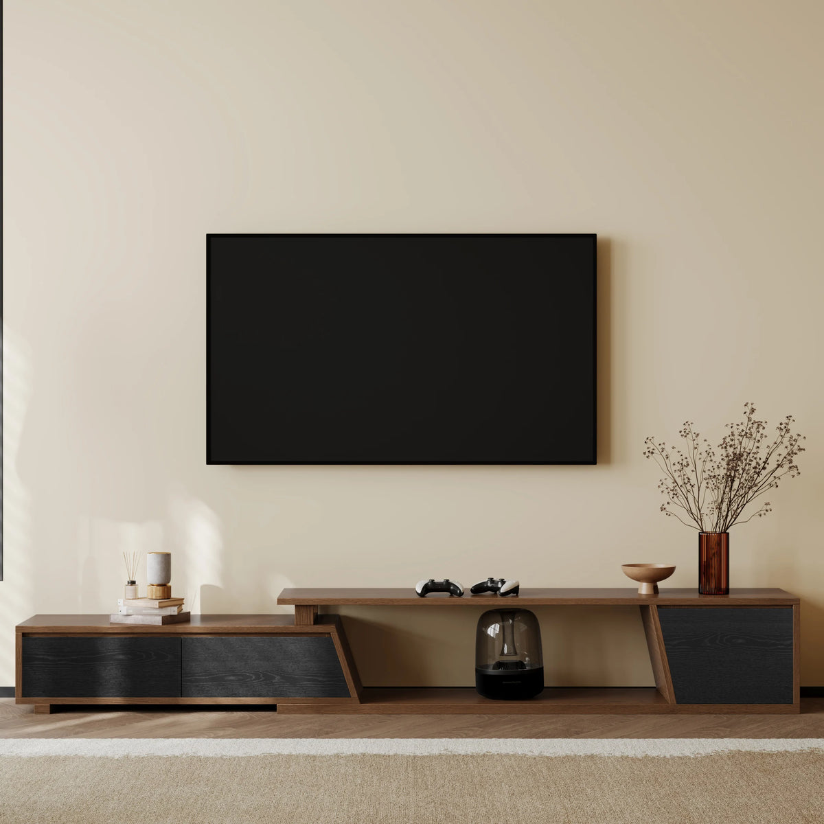 Meuble TV extensible Fero 180 à 280 cm avec 3 tiroirs Noir & noyer