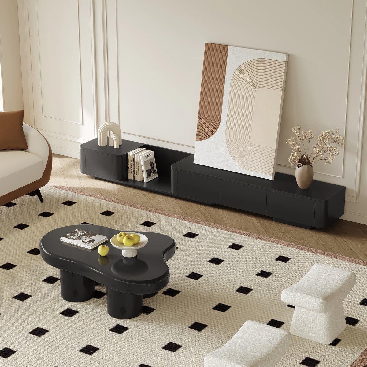 Meuble TV noir moderne 200 à 275 cm, extensible, avec 4 tiroirs