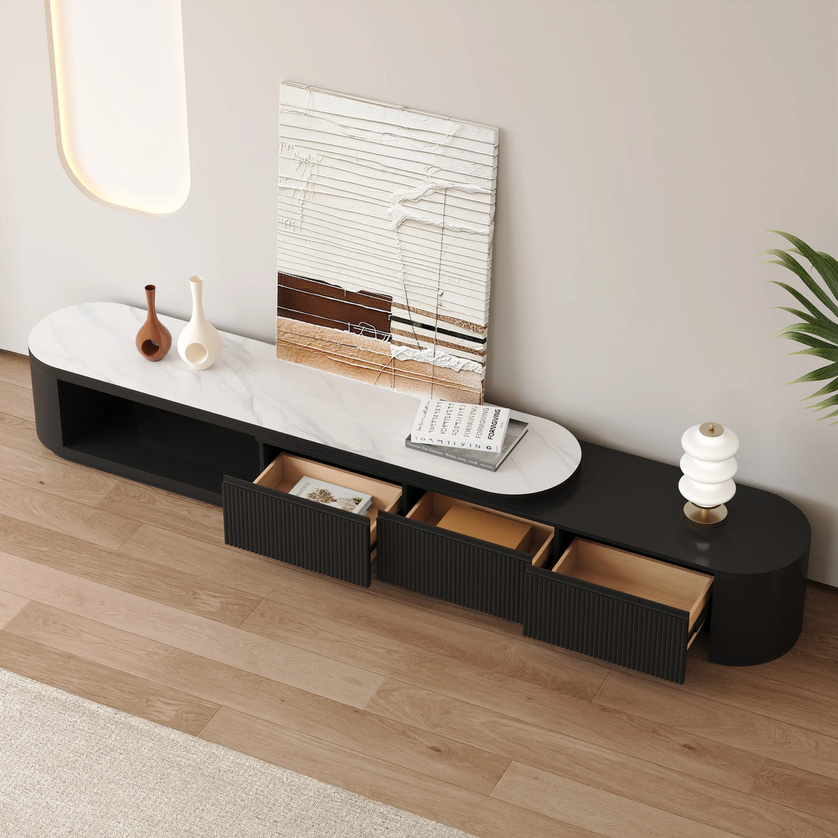 Meuble TV extensible Velar 180-290 cm à cannelures avec plateau pierre frittée et 3 tiroirs Noir mat