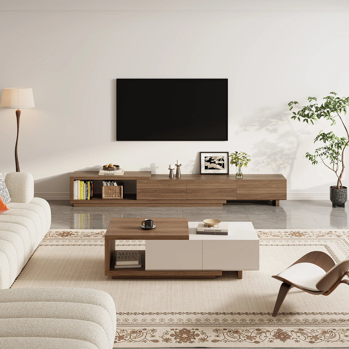 Meuble TV extensible Quoint 180 à 255 cm avec 3 tiroirs Noyer