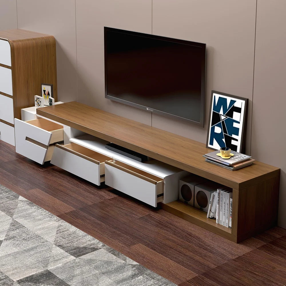 Meuble TV extensible moderne blanc et noyer avec rangement, étagère et tiroir