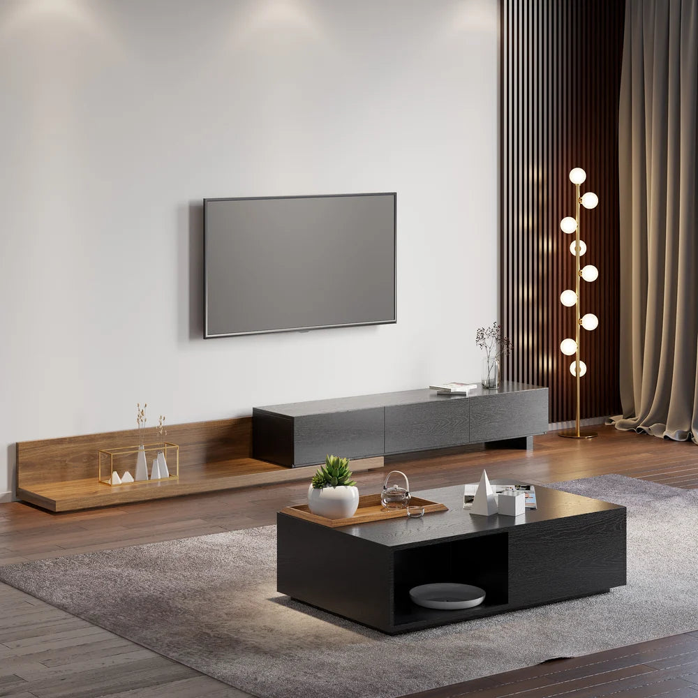 Meuble TV Crator noyer et noir de 210 cm à 280 cm en bois de frêne, extensible, avec 3 tiroirs