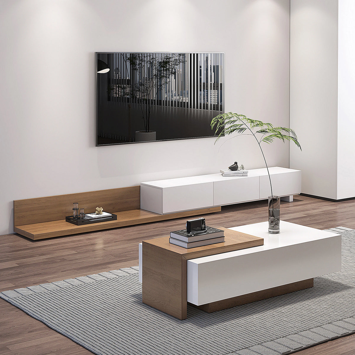 Meuble TV extensible au sol en noyer avec 3 tiroirs