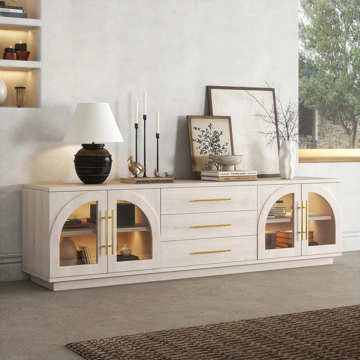 Ensemble meuble TV et table basse Arune avec portes cintrées en verre rangement et éclairage LED Blanc