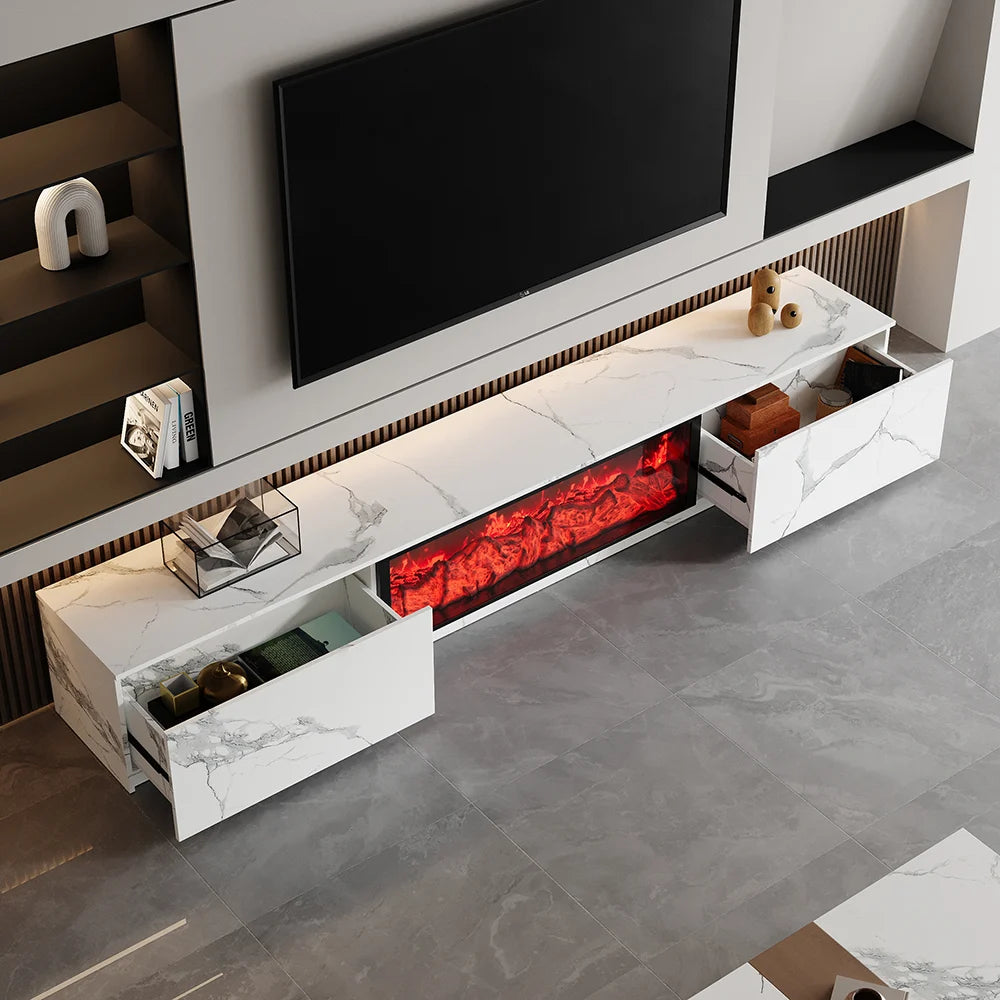 Meuble TV 180 cm finition placage marbre avec effet flammes LED et 2 tiroirs Blanc