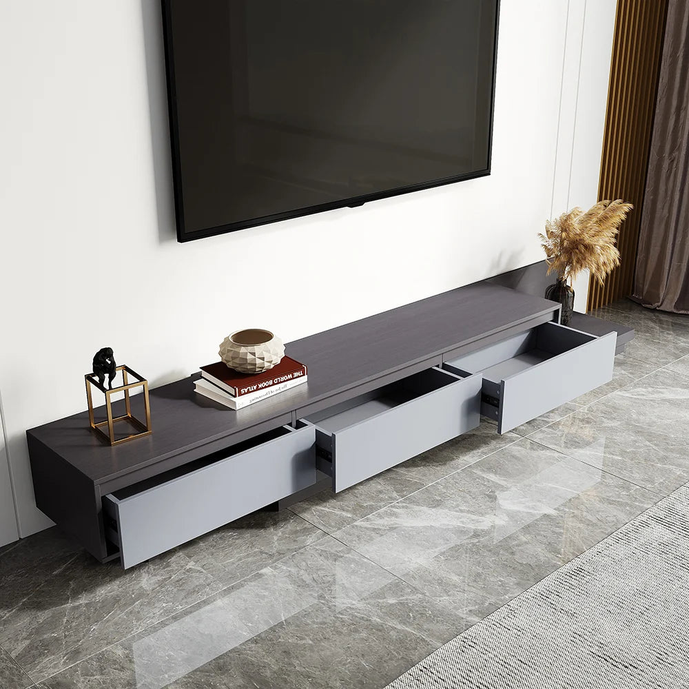 Meuble TV rétractable gris moderne Fero Console multimédia extensible avec 3 tiroirs jusqu'à 120 pouces