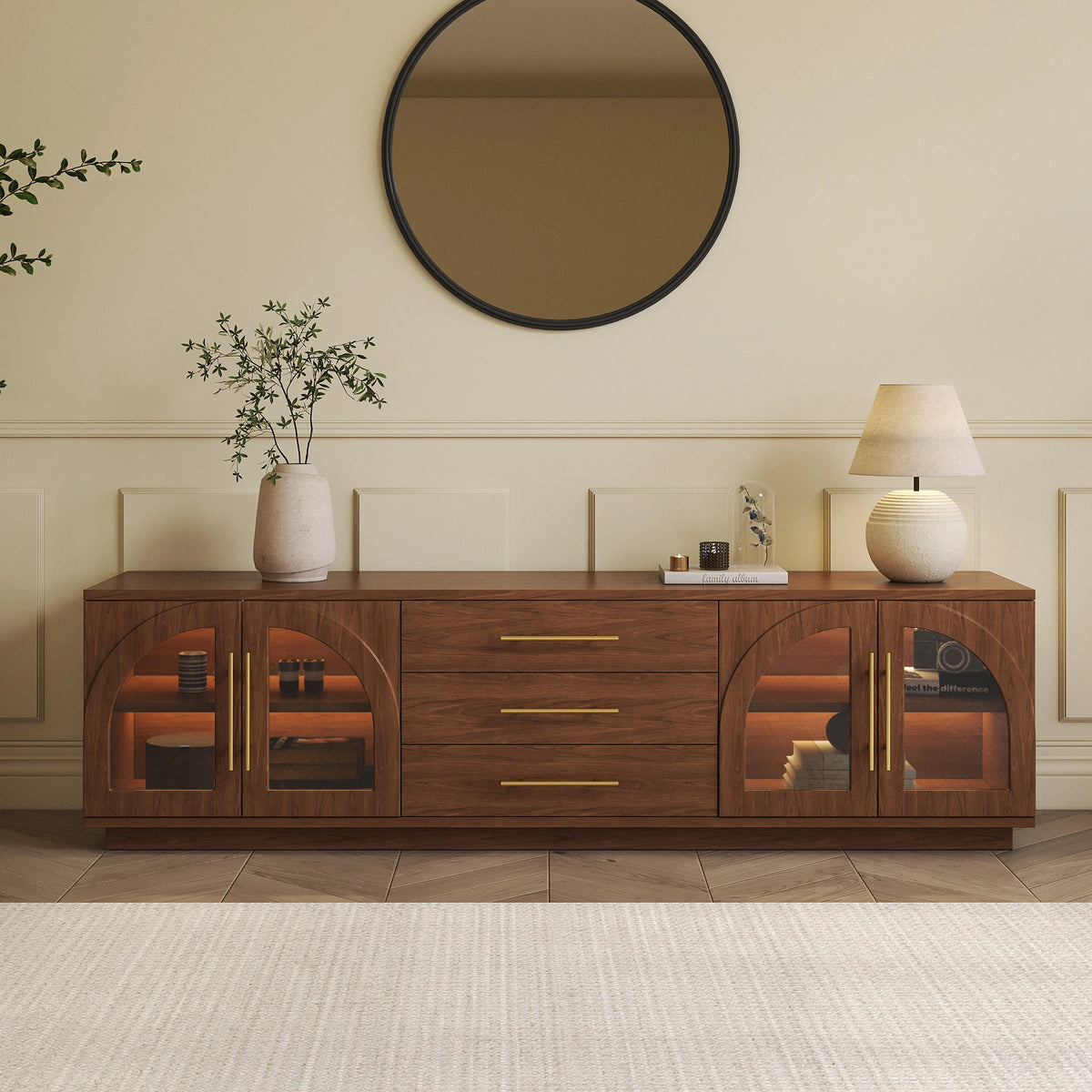 Ensemble meuble TV et table basse Arune avec portes cintrées en verre rangement et éclairage LED Noyer
