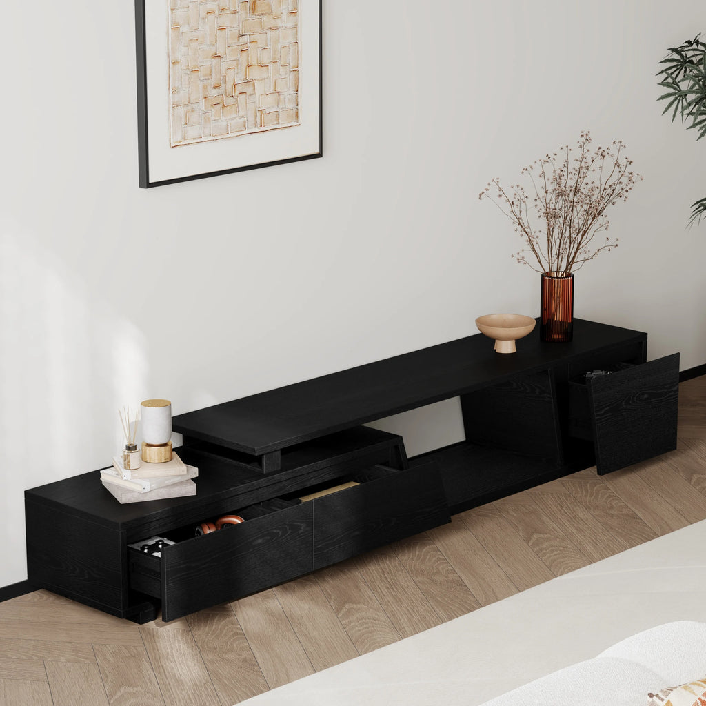 Meuble TV extensible noir Fero avec 3 tiroirs (1800 mm à 2800 mm)