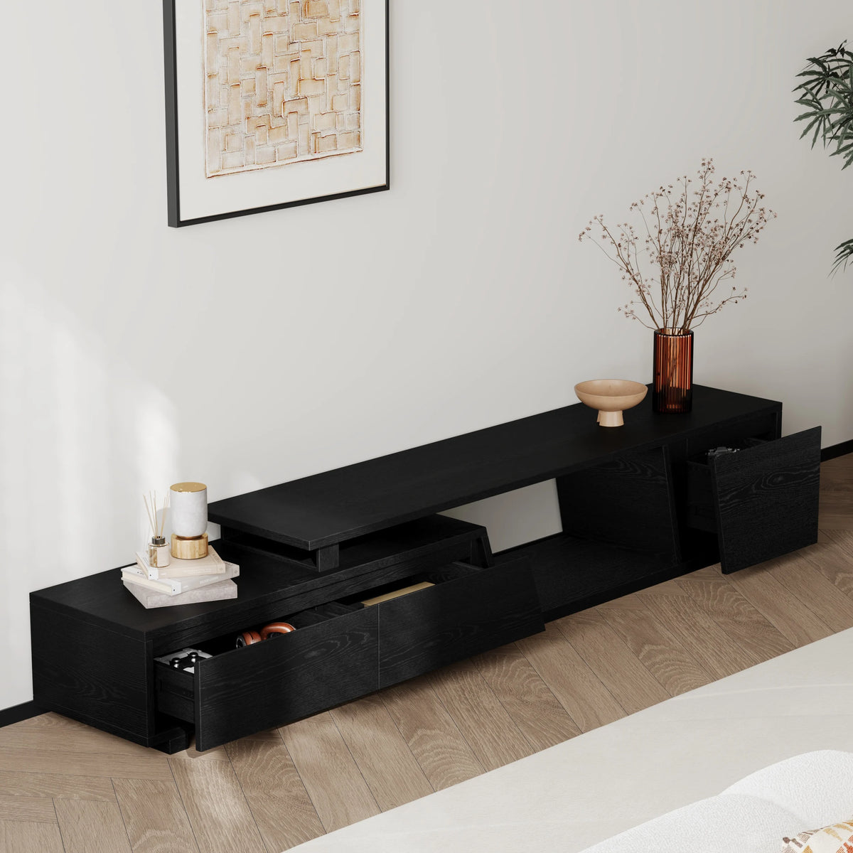 Meuble TV extensible noir Fero avec 3 tiroirs (1800 mm à 2800 mm)