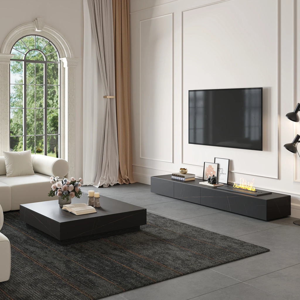 Meuble TV moderne 200 cm , effet flammes LED, humidificateur et 2 tiroirs Noir mat