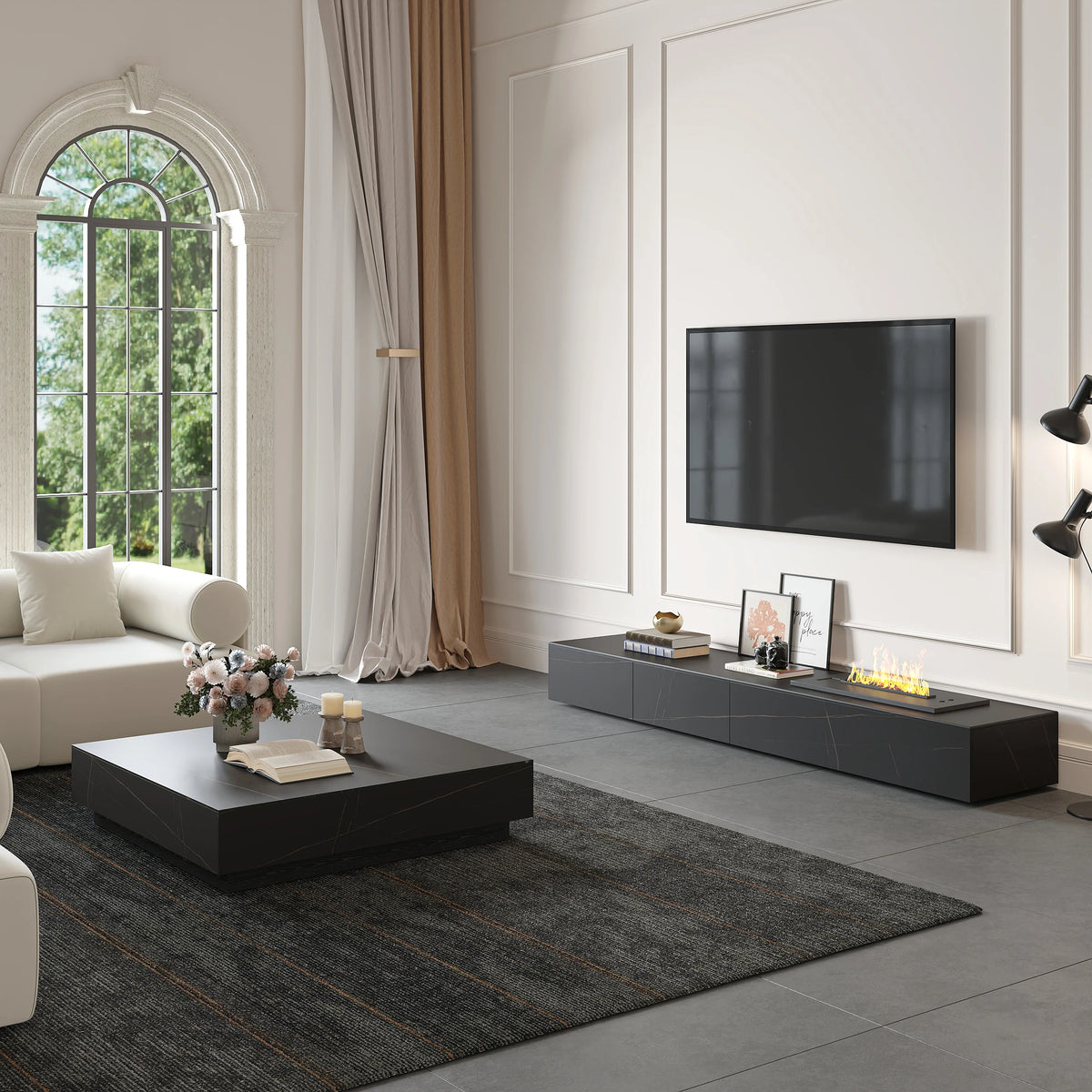 Meuble TV moderne 200 cm , effet flammes LED, humidificateur et 2 tiroirs Noir mat