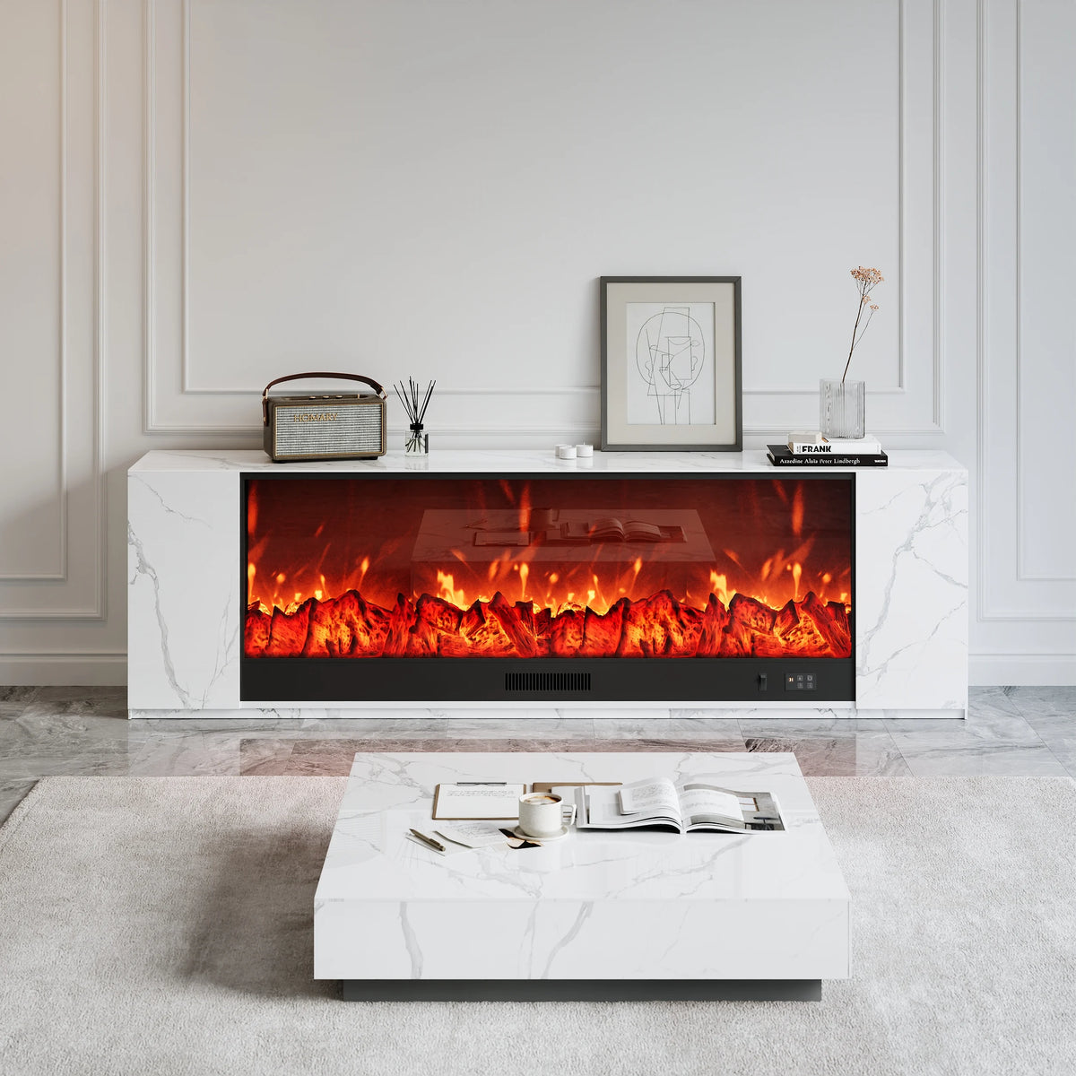 Meuble TV avec cheminée électrique 180 cm en placage marbre avec télécommande Blanc