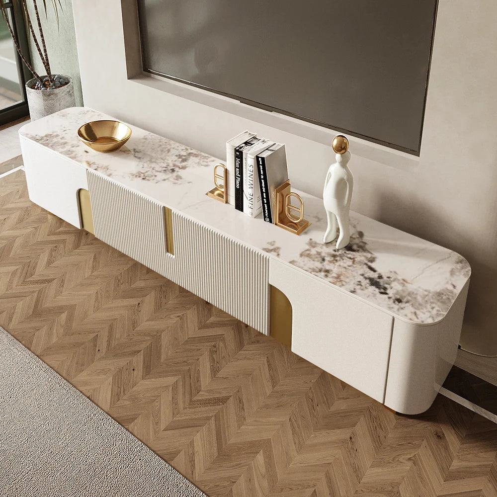 Meuble TV Artis 200 cm avec plateau en pierre, beige et or, 4 portes et rangement