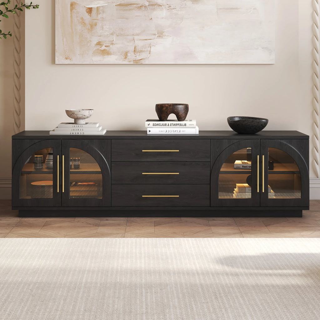 Ensemble meuble TV et table basse Arune avec portes cintrées en verre rangement et éclairage LED Noir