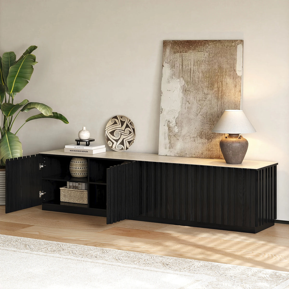 Meuble TV Aura 213 cm en bois de frêne noir avec plateau en pierre frittée
