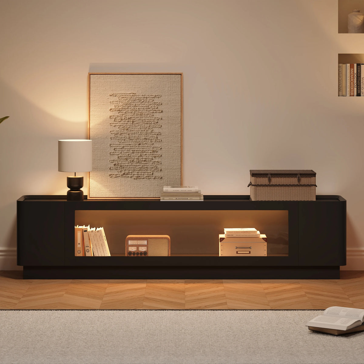 Meuble TV noir de 201 cm avec portes vitrées, rangements et LED