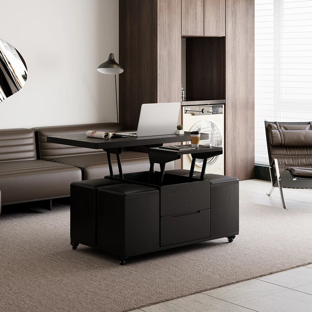 Meuble TV extensible rectangulaire en bois et ensemble de table basse noire à plateau relevable avec rangement