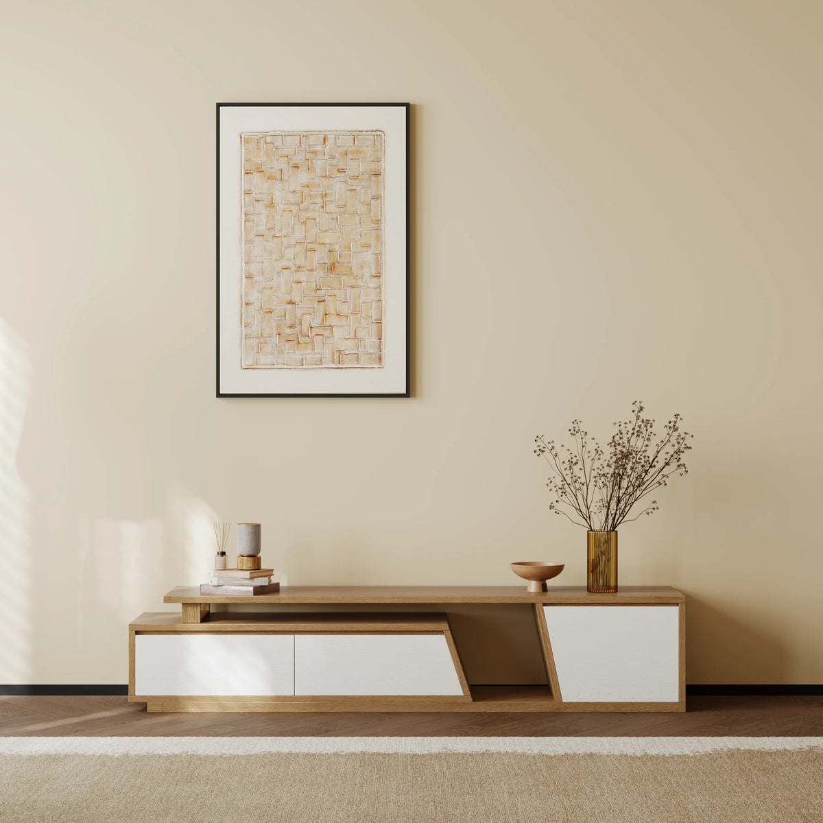 Meuble TV extensible Fero 180-280 cm avec 3 tiroirs Blanc & noyer