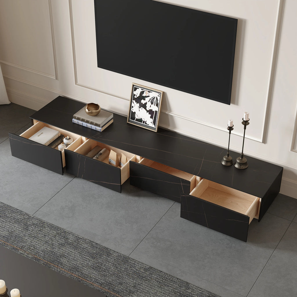 Meuble TV moderne en pierre frittée 200 cm avec 4 tiroirs Noir mat