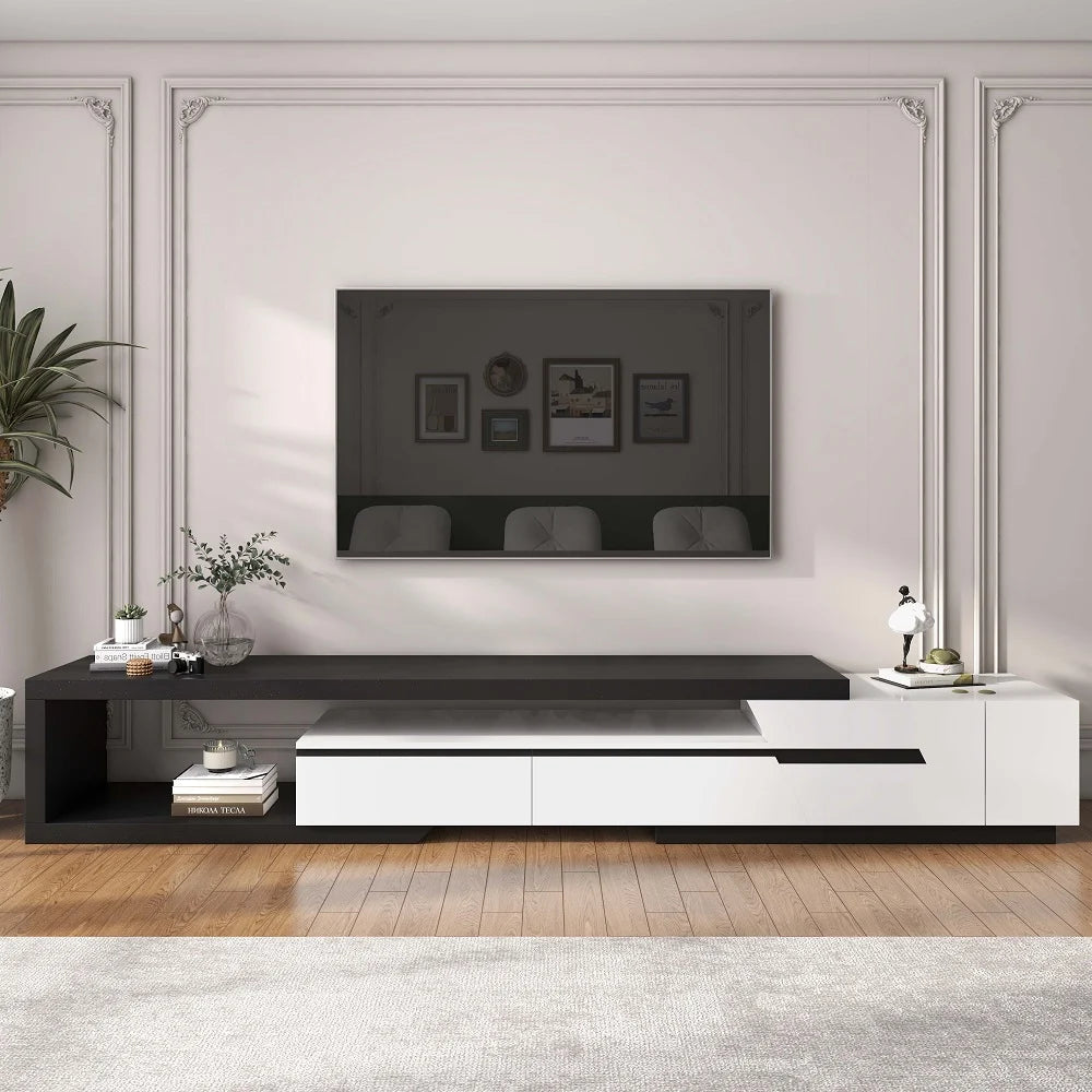 Pinkle Meuble TV Extensible Moderne avec Étagère et Tiroir Blanc et Noir