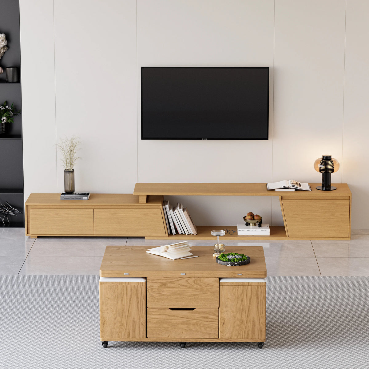 Meuble TV extensible Fero 180 à 280 cm avec 3 tiroirs Bois
