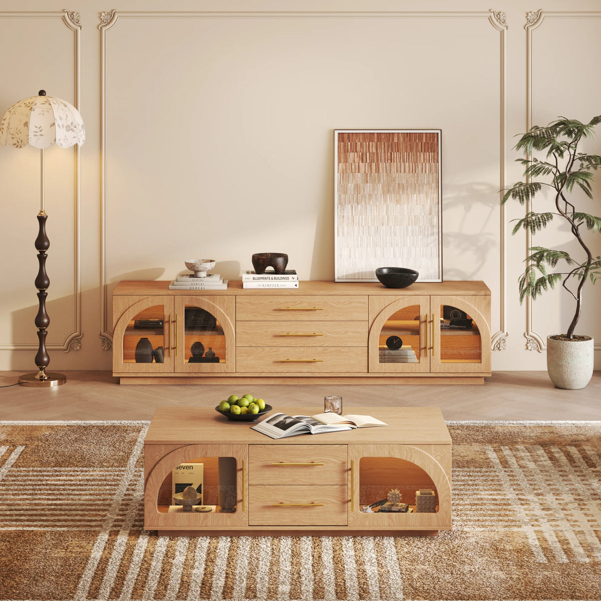Meuble TV Arune 183 cm avec portes vitrées arquées, naturel, avec rangement et LED