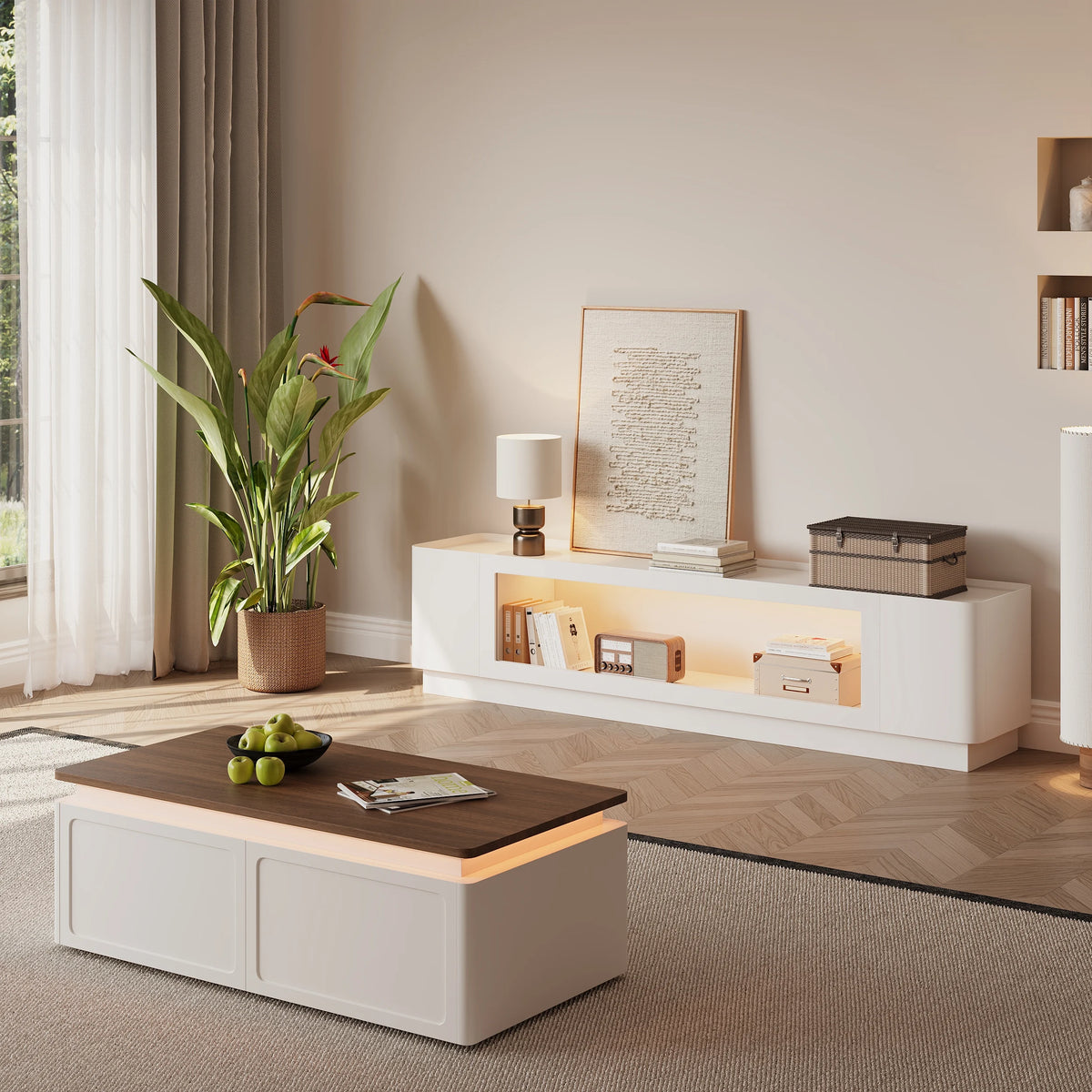 Meuble TV 201 cm avec portes en verre, blanc chaud, avec rangement et LED