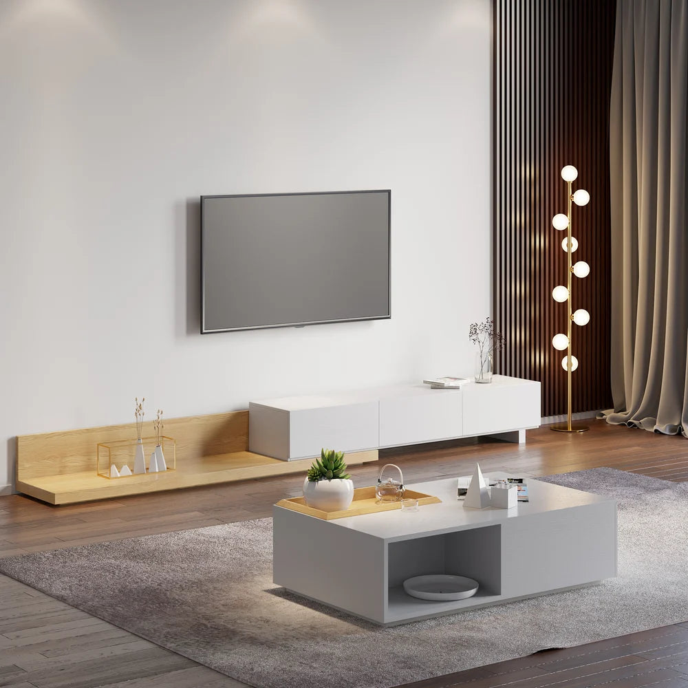 Meuble TV extensible au sol naturel avec 3 tiroirs