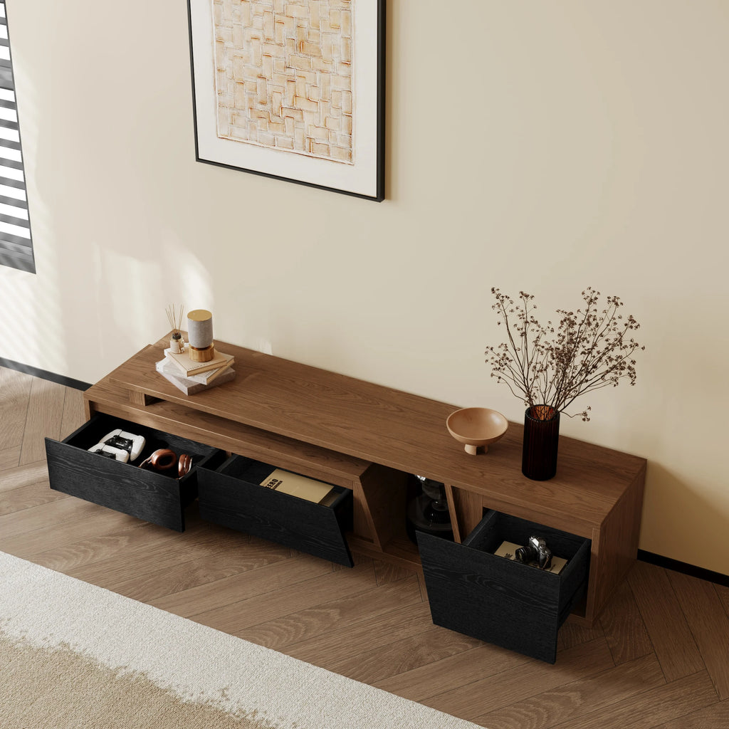 Meuble TV extensible Fero 180 à 280 cm avec 3 tiroirs Noir & noyer