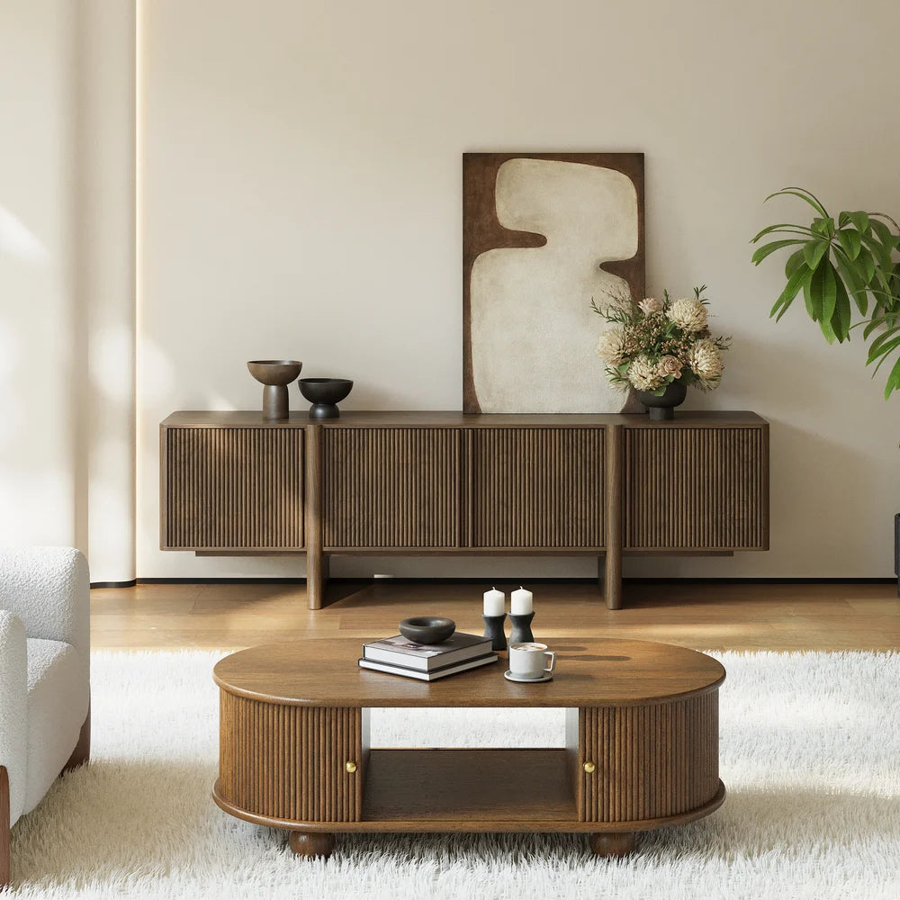 Meuble TV Lineva 203 cm en bois massif cannelé marron fumé avec armoires