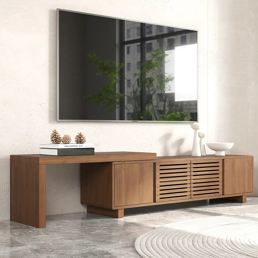 Meuble TV extensible en noyer inspiré du gril avec rangement (1600 mm à 2100 mm)