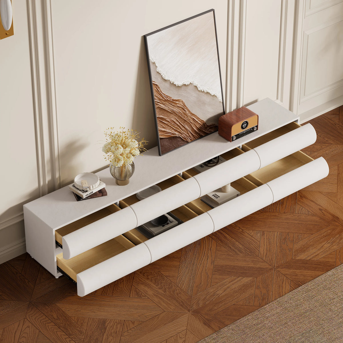 Meuble TV Humply en cuir blanc chaud moderne de 2000 mm avec console multimédia à 8 tiroirs