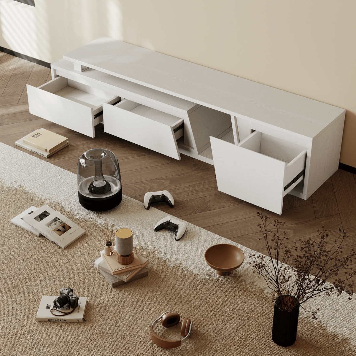 Meuble TV extensible Fero 180 à 280 cm avec 3 tiroirs Blanc