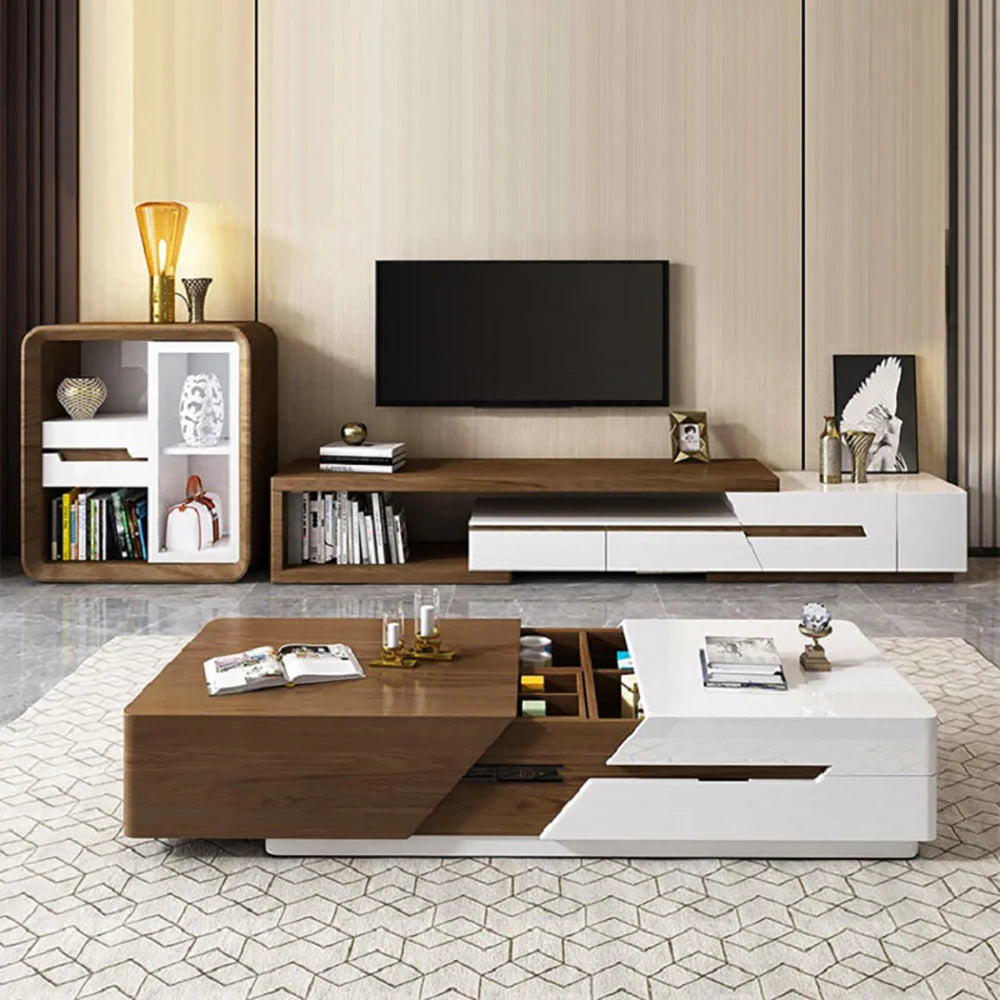 Meuble TV extensible moderne blanc et noyer avec rangement, étagère et tiroir
