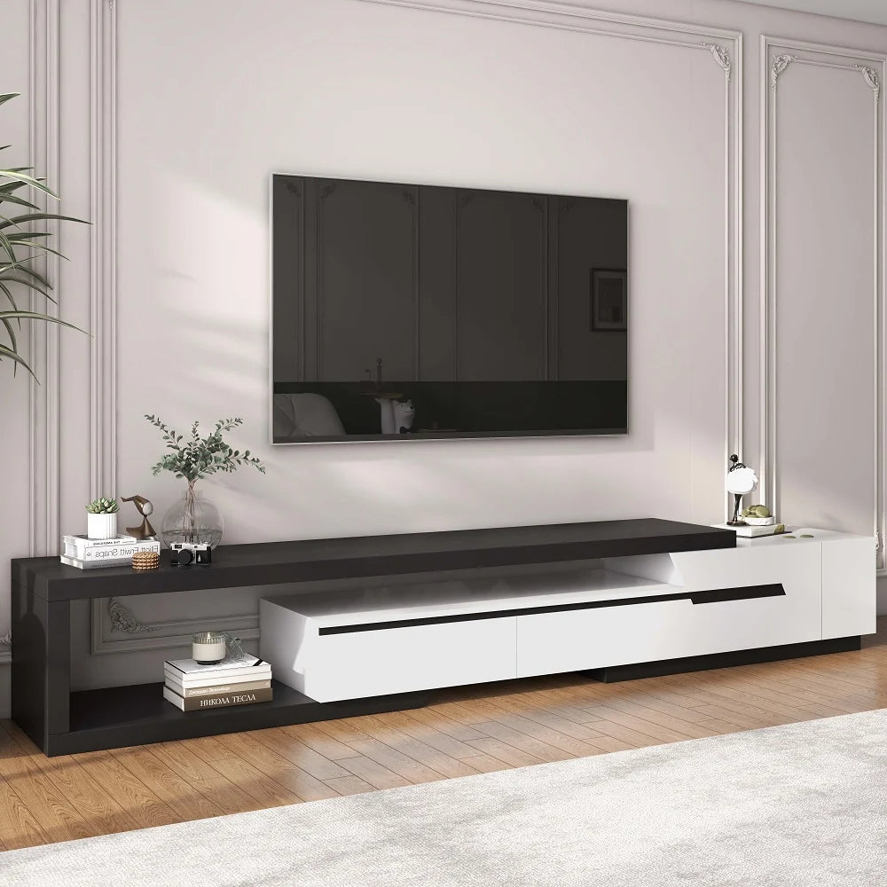 Pinkle Meuble TV Extensible Moderne avec Étagère et Tiroir Blanc et Noir