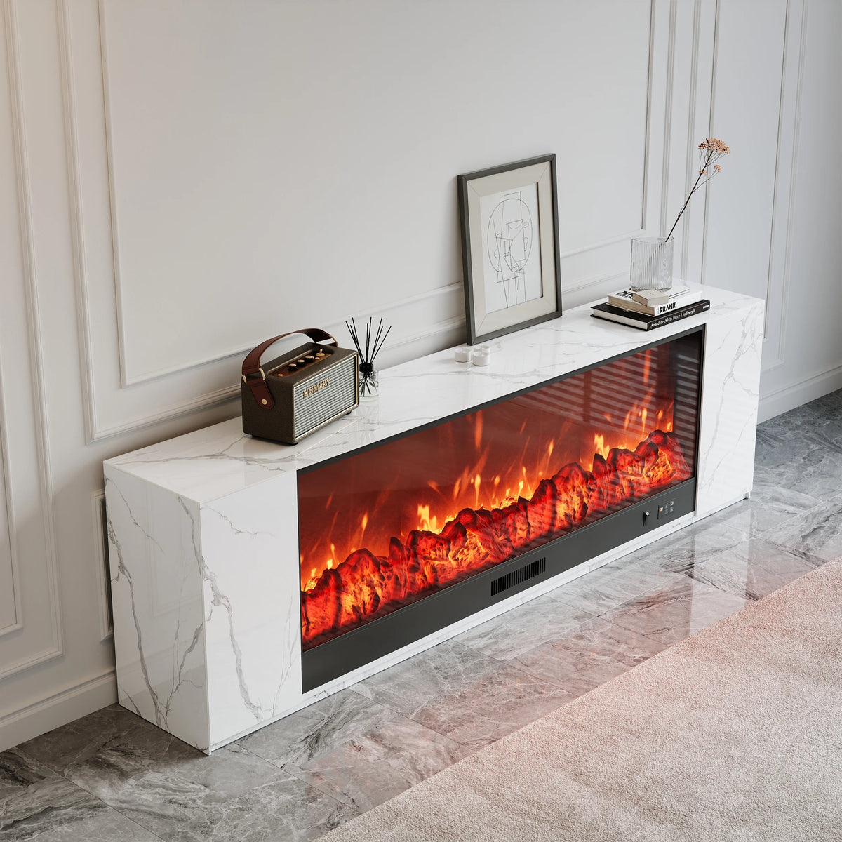 Meuble TV avec cheminée électrique 180 cm en placage marbre avec télécommande Blanc