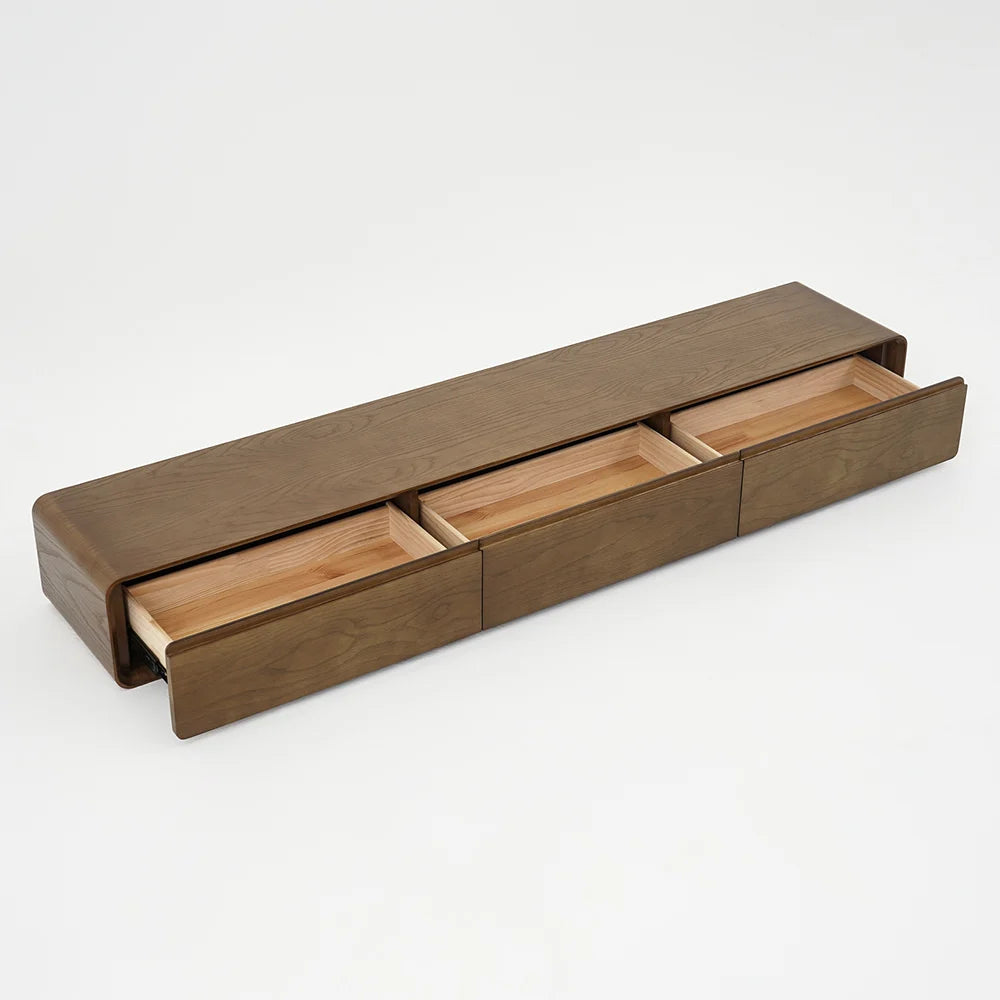 Meuble TV flottant en bois Mid Century en noyer avec 3 tiroirs pour téléviseurs jusqu'à 2159 mm