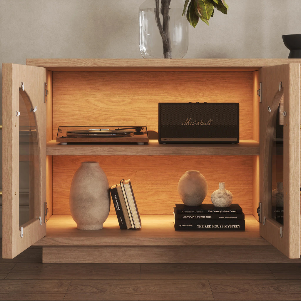 Meuble TV Arune 183 cm avec portes vitrées arquées, naturel, avec rangement et LED